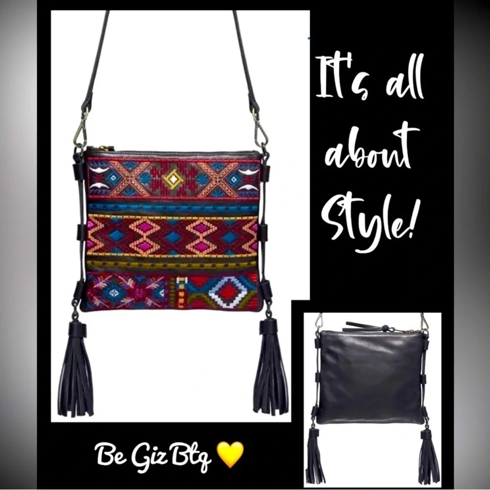 🔥🔥Johnny Was Zipped Crossbody Black Leather And Embroidery Design Tassel Bag NWT